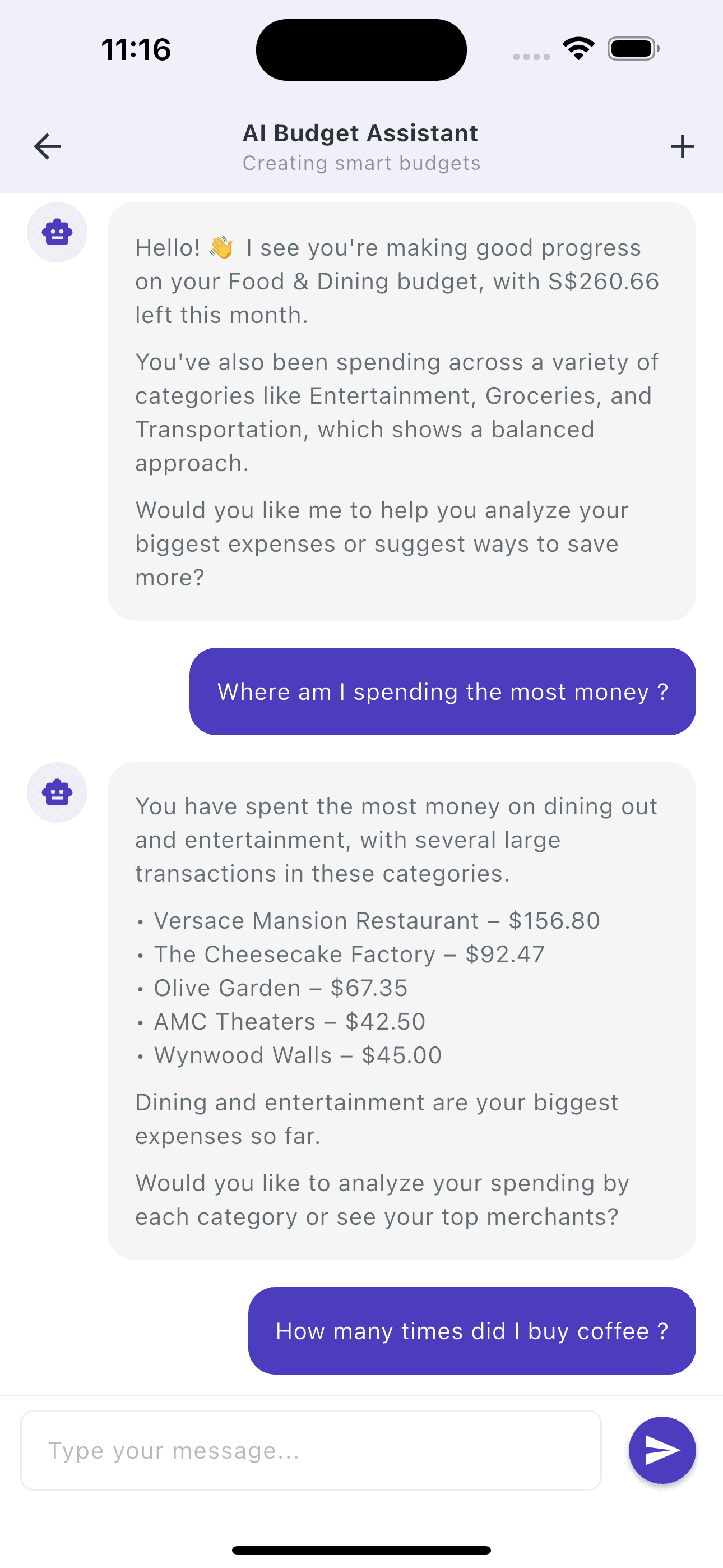 AI Budget Assistant answering spending questions