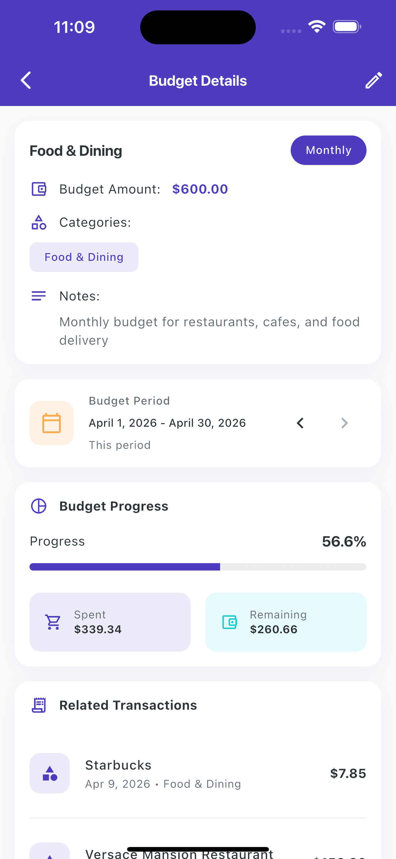 Budget planner showing detailed spending progress by category
