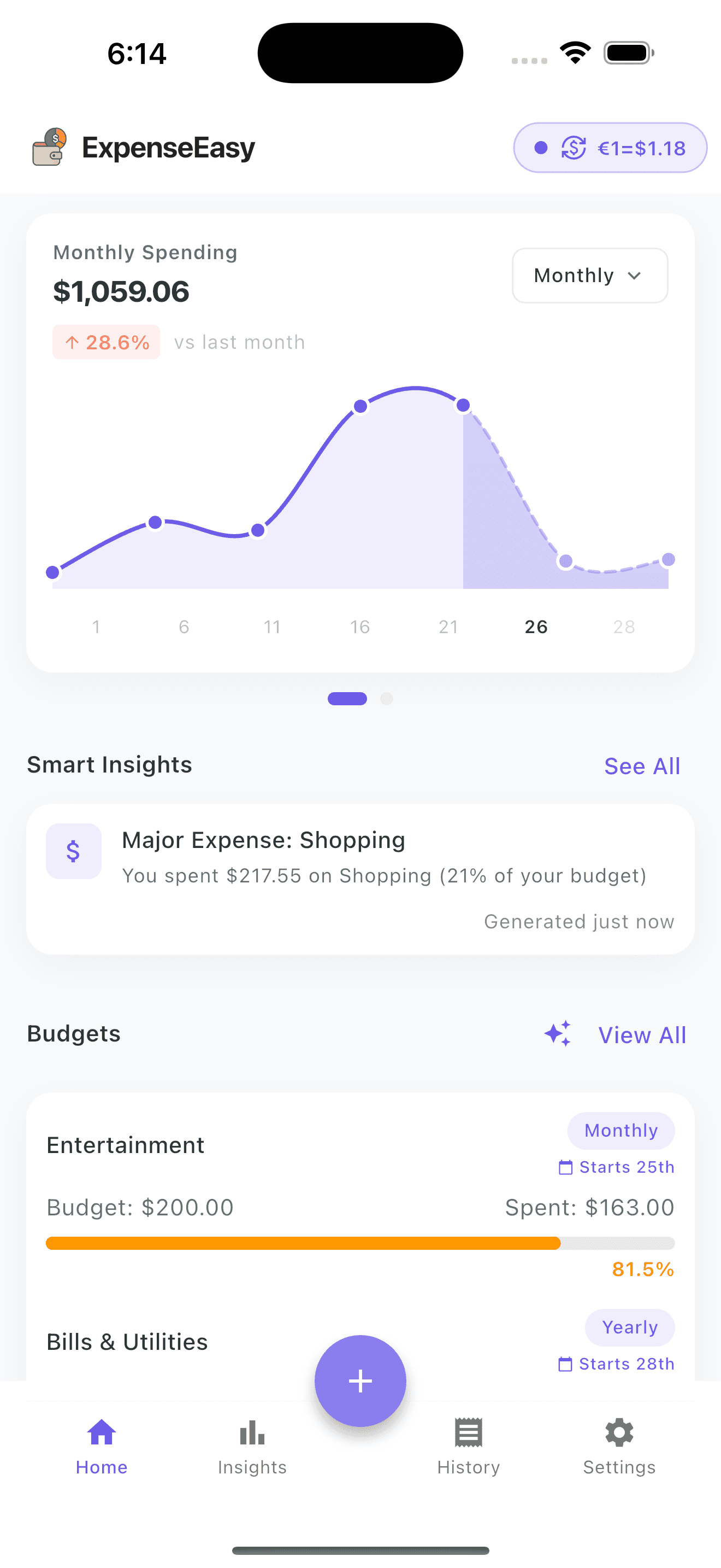 ExpenseEasy home screen showing expense dashboard