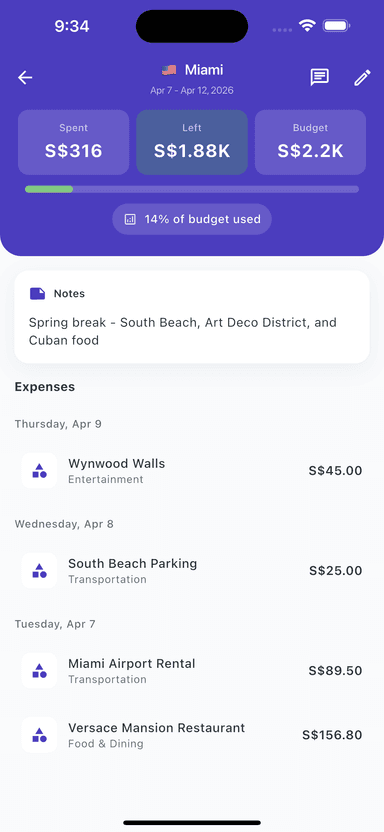 Trip tracking with multi-currency