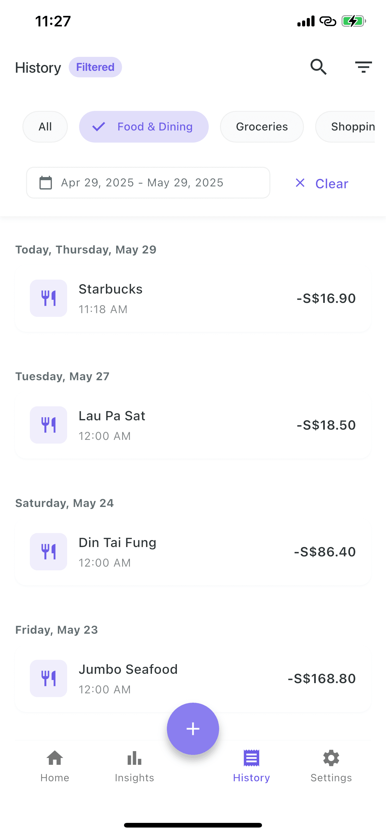 Expense tracking history with smart filtering