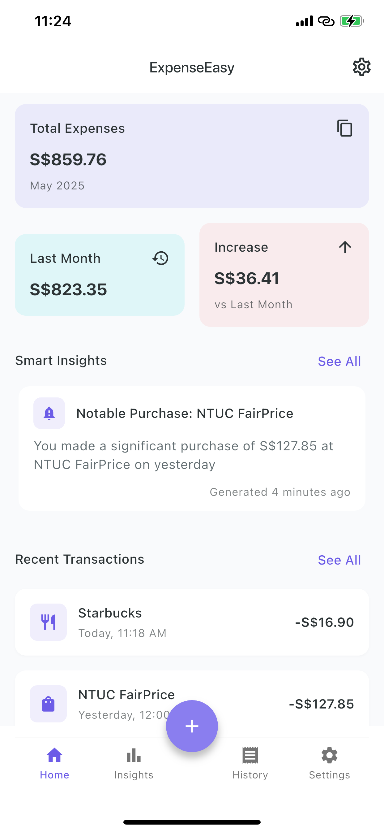 ExpenseEasy AI Dashboard showing total expenses and smart insights